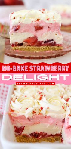 You'll love this no-bake sweet! It's a strawberry cheesecake lush. Layered with graham crackers, no-bake cheesecake, and more, this strawberry dessert is sure to be a hit. Try this Save this strawberry delight recipe for a fun summer dessert! Homemade Strawberry Ice Cream, Biscuits Graham, Layered Dessert, Cheesecake Dessert, Strawberry Delight, Strawberry Dessert Recipes, Layered Desserts, Cold Desserts, Baked Strawberries