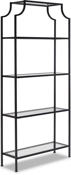 a black metal shelf with glass shelves