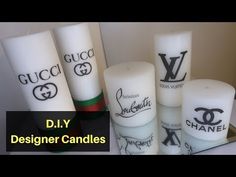 diy designer candles with guccini logo on the top and bottom candle holders