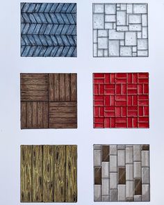 four different types of wood and tile are shown in this drawing, each with different colors