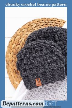 the chunk crochet beanie pattern is shown in three different colors and sizes