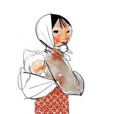 a drawing of a woman holding a baby in her arms and wearing a white head scarf