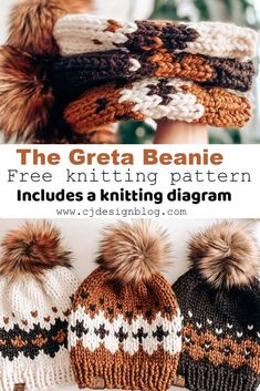 three knitted hats with pom poms on top and the text, the great beanie free knitting pattern includes a knitting diagram