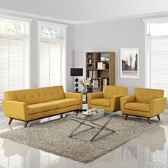 Engage Armchairs and Sofa Set of 3 in Citrus Sofa Kulit, Cherry Color, Furniture Sofa Set, Studio Apartments, Modway Furniture