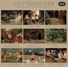 several pictures of people and animals in the grass with text that reads cottageore,