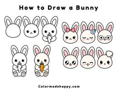 how to draw a bunny with different faces and ears, including the rabbit's head