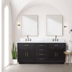 a bathroom with double sinks and two mirrors on the wall next to a plant in a vase