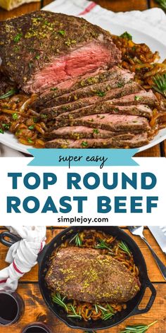 top round roast beef in a cast iron skillet with rosemary sprigs on the side