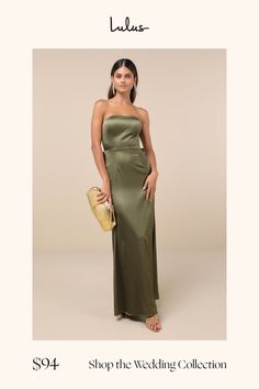 a woman in a long green dress with the words shop the wedding collection on it