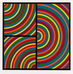 an abstract painting with multicolored stripes in the center and on the left side