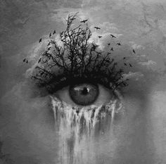 an eye with water falling out of it and birds flying in the sky behind it