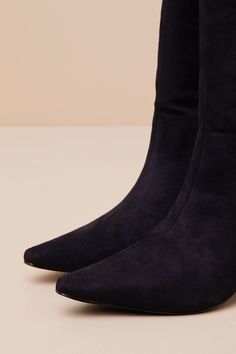 Flirty fall 'fits can never go wrong when you pair them with the Lulus Veronna Black Suede Pointed-Toe Knee High Boots! Soft faux suede shapes these sophisticated boots with a chic pointed-toe upper that rises to a 14.5"" knee-high shaft with a 14.5"" circumference. A flirty, low black heel completes the effortless slip-on design. 2. 25" wrapped blade heel. Cushioned insole. Rubber sole has nonskid markings. Man made materials. Imported. Lulus | Veronna Black Suede Pointed-Toe Knee High High Hee Black Heel, Fall Fits, Black Heels, Knee High Boots, High Boots, Black Suede, Faux Suede, Knee High, Rubber Sole