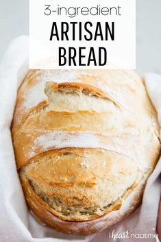 a person holding a loaf of artisan bread with text overlay reading 3 ingredient artisan bread