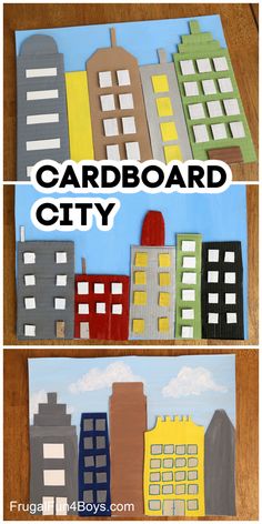 the cardboard city is made with construction paper, and then cut out to look like it has