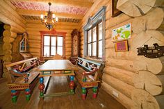 the interior of a log cabin with wooden tables and benches