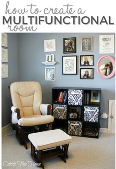 a chair and ottoman in a room with pictures on the wall above it that says, how to decorate your home with multifunctional room