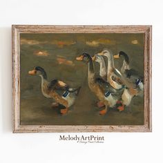 a painting of three ducks in a field