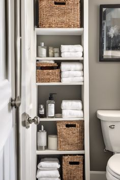 Organized bathroom shelf with wicker baskets, towels, and toiletries. Bathroom Cube Storage Ideas, Bathroom Shelves Organization, Maximize Small Bathroom, Bathroom Storage Ideas For Small Spaces, Cluttered Bathroom, Narrow Bathroom Storage, Clever Bathroom Storage, Storage Ideas For Small Spaces, Bathroom Storage Ideas