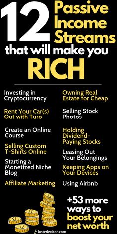 a black and yellow poster with the words 12 passive income streams that will make you rich