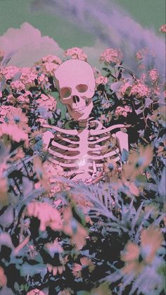 there is a skeleton sitting in the middle of some flowers and plants with pink hues