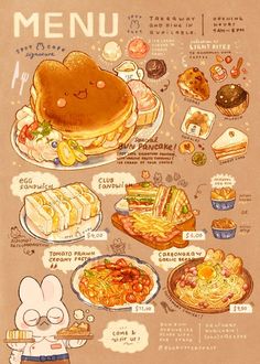 an illustrated menu with cartoon characters and food items on the front, including pancakes, waffles, eggs, bread, and other foods