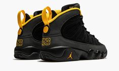 The Air Jordan 9 GS “University Gold” is the youth sizing of Michael Jordan’s ninth signature shoe in a colorway that is based loosely on a popular look from 2010.  The “University Gold” makes use of a similar shade of yellow as that of the “Citrus” Jordan 9 from July 2010.  Both colorways feature a predominantly neutral design and employ subtle pops of orange or, in this case, yellow.  The rest of the “University Gold” displays a synthetic black nubuck construction with a “diamond” perforation Nike Tenis, Air Jordan 9 Retro, Jordan Swag, Kids Air Jordan, Jordan 13 Shoes, Jordan 9 Retro, Black Shoes Men, Air Jordan 9, Jordan 9