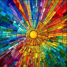 a colorful stained glass window with the sun shining through it