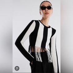 Questions? Leave A Comment Below! Fitted Black And White Tops For Party, Fitted Black And White Party Tops, Pullover Crop Top, Fringe Crop Top, Batwing Dress, Rare Fashion, Ribbed Turtleneck Sweater, Fringed Poncho, Satin Midi Skirt