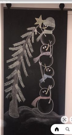 a chalkboard drawing of a christmas tree and snowmen