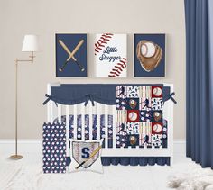 a baseball themed crib bedding set