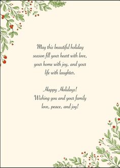 a christmas card with holly branches and berries on the border, which reads happy holidays