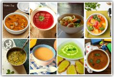 a collage of different soups and vegetables