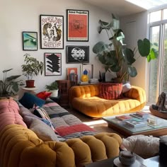 a living room filled with lots of furniture next to a large glass window covered in potted plants