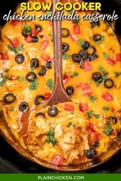 slow cooker chicken enchilada casserole with text overlay that reads slow cooker chicken enchilada casserole