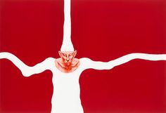 a drawing of a man with his arms stretched out in front of him, against a red background