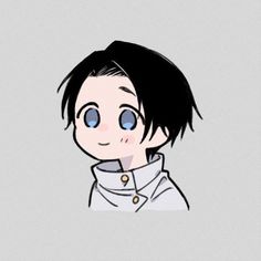 an anime character with blue eyes and black hair, wearing a white shirt in front of a gray background