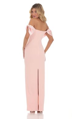 Off Shoulder Bow Sleeve Maxi Dress in Pink Pink Dresses For Birthday, Dresses For Formal Events, Light Pink Bridesmaid Dresses, Pink Bow Dress, Prom Dress Inspo, Pink Long Dress, Sleek Dress, Blush Pink Dresses, Light Pink Dress