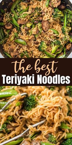 the best teriyaki noodles with mushrooms and broccoli in a skillet