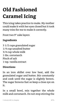 an old fashioned caramel icing recipe with instructions on how to bake it