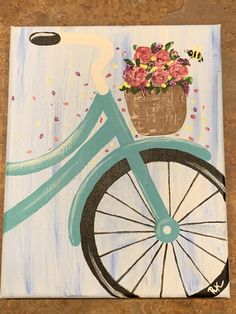 a painting of a bicycle with flowers in the basket