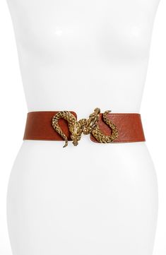 Golden interlocking dragons lend a regal effect to a handcrafted leather belt that's finished in the back with knotted metal mesh. 2 1/2" width. Leather/metal mesh. By Raina; made in the USA. Elegant Gold Leather Chain Belt, Elegant Leather Belt With Embroidery, Gold Embroidered Leather Belt, Luxury Embroidered Brown Belts, Prom Looks, Fashion Stores, Stretch Belt, Metal Mesh, Handcrafted Leather