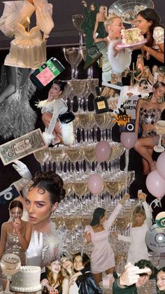 a collage of photos with people and champagne glasses