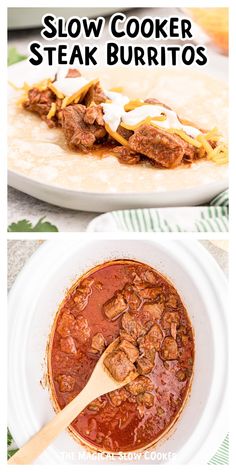 slow cooker steak burritos in a white bowl