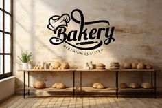 bakery logo on wall with shelves full of baked goods