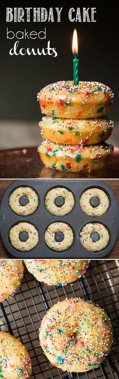 birthday cake baked donuts with sprinkles and a lit candle