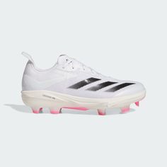 a white soccer shoe with pink soles