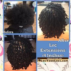 JMichelle / Loc Your Locs on Instagram: “Here are the official before & after pics of 4" Loc Extensions. Final look turned out beautifully! 😍😍#lyllocextensions #LocExtensions…” Lox Extensions, Loced Hair, Loc Extensions Permanent, Loc Goddess, Faux Loc, Crochet Faux Locs, Locs Styles, Hair 4c, Short Locs