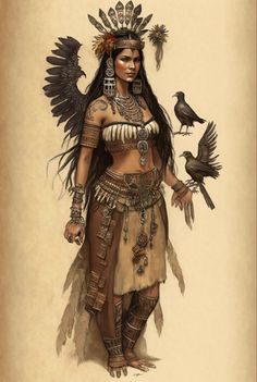 a drawing of a native american woman with feathers on her head and two birds perched on her shoulder