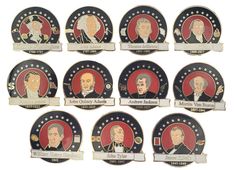 twelve presidential portraits are depicted in this commemorative lapel set