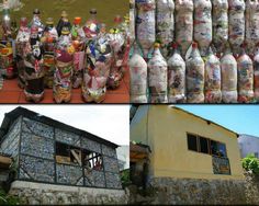 there are many bottles that have been placed on the side of this house and in front of it